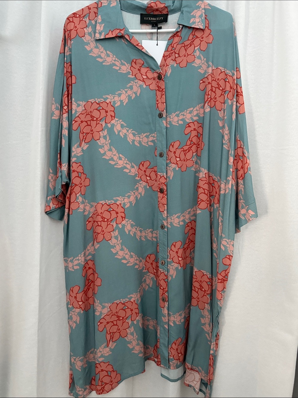 NWT Lexbreezy Hawaii L Blue with Coral Puakeni Floral Button-Down Shirt Dress